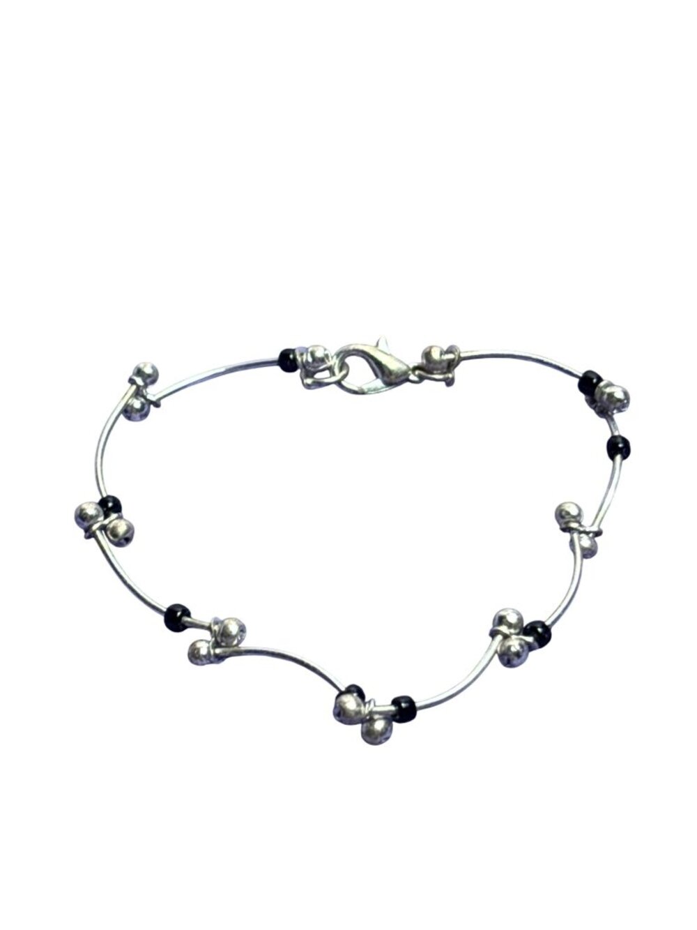 Silvertone Black Beaded Chain Bracelet 7 inches